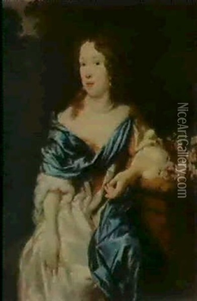 Portrait D'une Elegante Assise Devant Une Brassee De        Fleurs Oil Painting - Nicolaes Maes