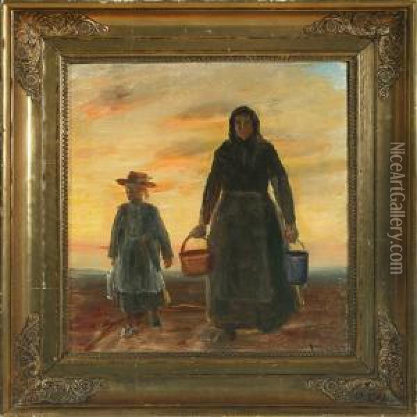 Mother And Daughter On The Road Oil Painting - Michael Ancher