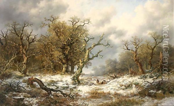 Travellers In An Extensive Snow Covered Landscape Oil Painting - Remigius Adriannus van Haanen