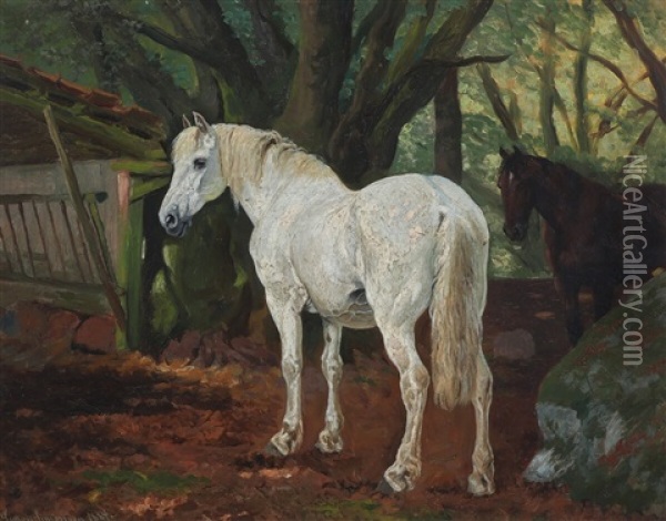 Horses Among Trees Oil Painting - Simon Simonsen