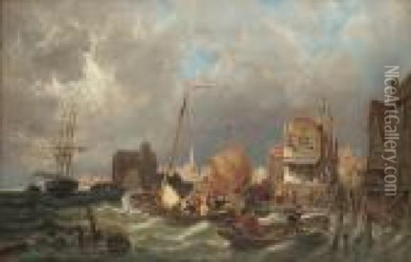 Shipping Before A Dutch Harbour Town Oil Painting - Pieter Cornelis Dommershuijzen