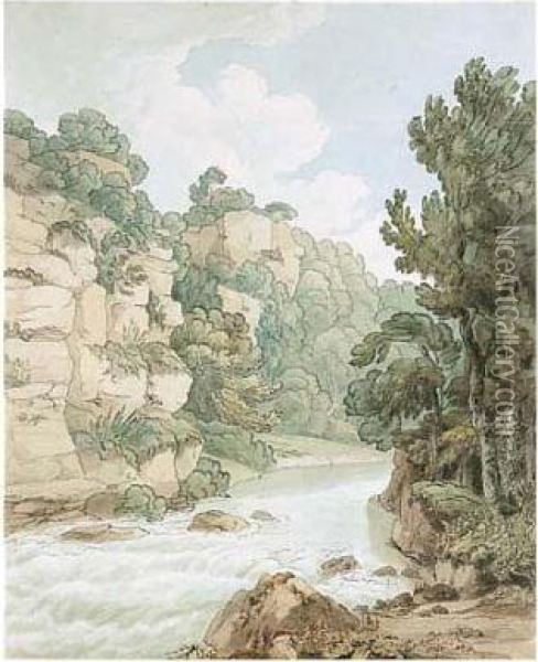 Study Of A River In A Hilly Landscape Oil Painting - Francis Towne