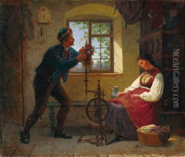 Das Schlafende Bauernmadchen Am Spinnrad Oil Painting - Auguste Ludwig