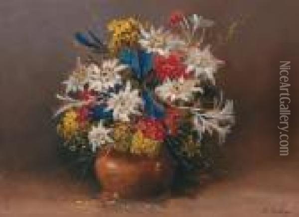 Alpine Flowers With Edelweiss In A Country Vase Oil Painting - Karl Vikas