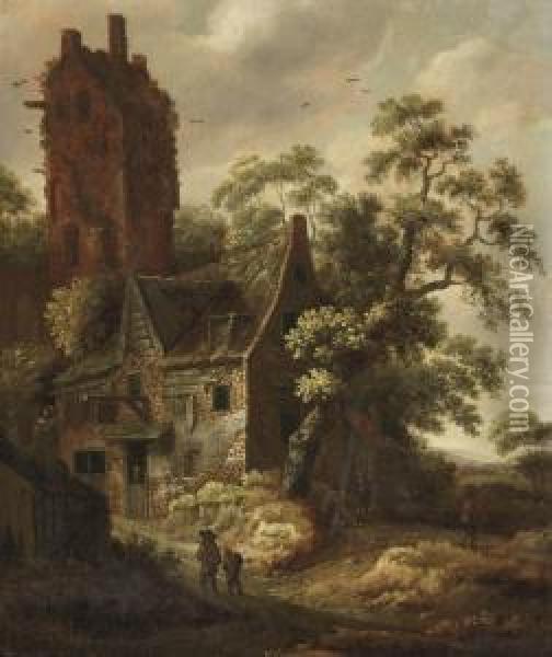 Figures Travelling On A Path Near A Cottage, A Ruined Towerbeyond Oil Painting - Roelof van Vries