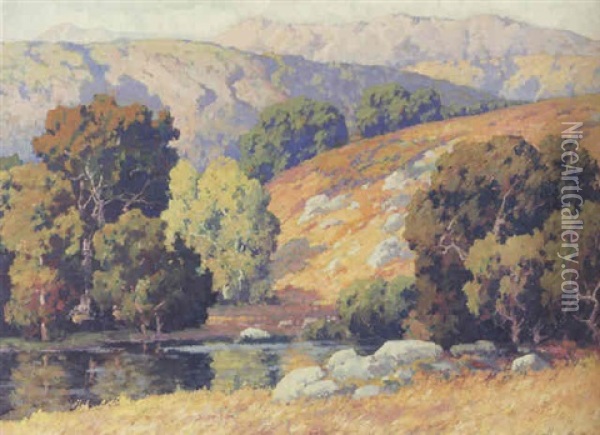 A Stream Running Through A California Valley Oil Painting - Maurice Braun