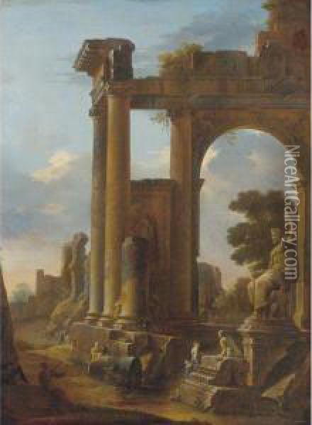 Classical Ruins With Figures Oil Painting - Domenico Roberti