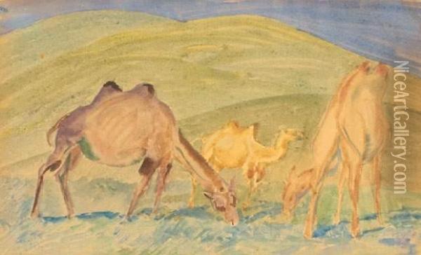 Chameaux Dans La Prairie, Mongolie Oil Painting - Alexander Evgenievich Yakovlev