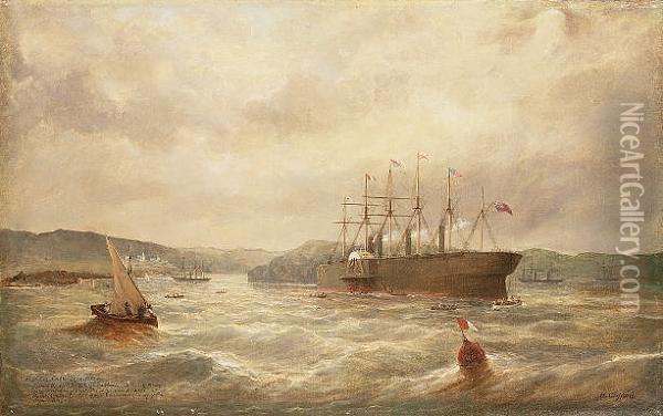 'atlantic Cable Expedition' July 28 1866, S.s. Gt. Eastern At Mark Buoy Preparing To Land The Shore End Cable At 'heart's Content'. Sir Saml. Canning Chief Of The Expedition Oil Painting - Henry Clifford