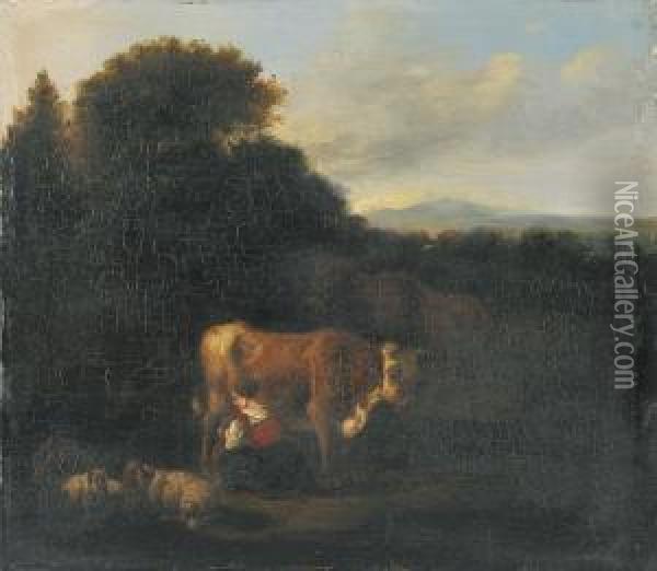 Hirtin Beim Melken Einer Kuh Oil Painting - Dirk van Bergen