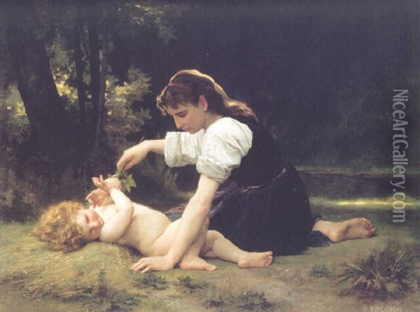 Evantail Naturel, Jeune Fille Et Enfant Oil Painting - William-Adolphe Bouguereau