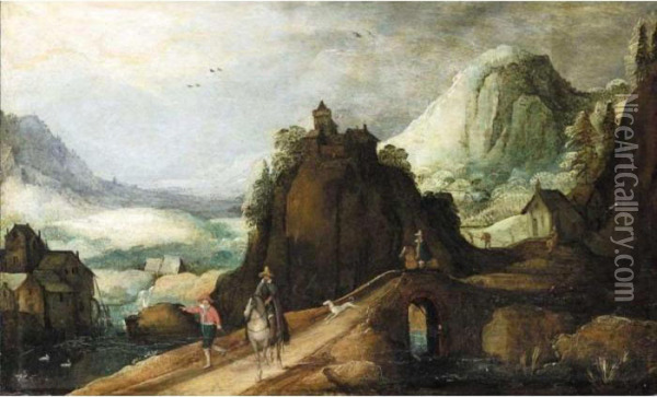 A Mountainous Landscape With Horsemen On A Bridge Oil Painting - Joos De Momper
