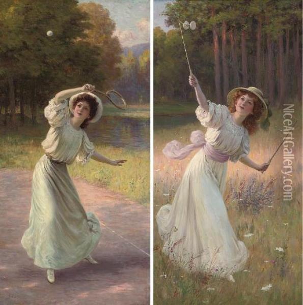A Game Of Tennis; And A Game Of Diablo Oil Painting - Franz Joseph Leopold