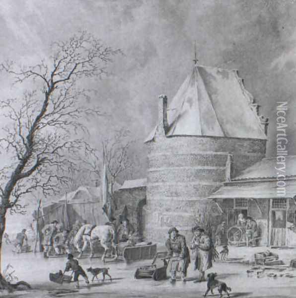 Skaters, Countryfolk and a Sledge on a frozen Moat near a Tower and Gate... Oil Painting - Cornelis Borsteegh