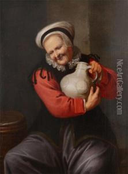 Old Woman With Stone Jug Oil Painting - David The Younger Ryckaert