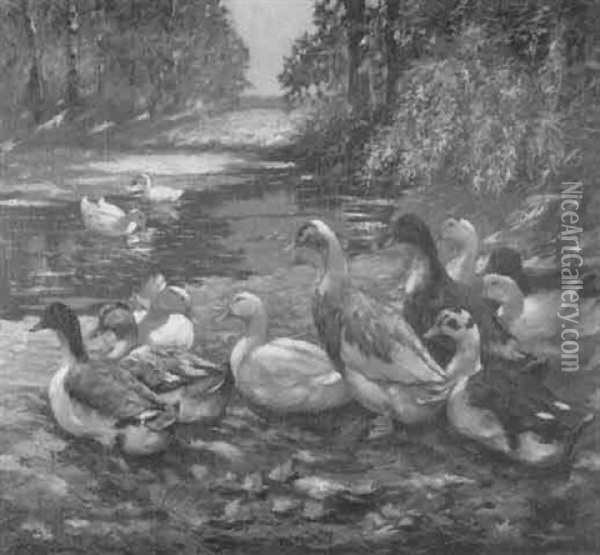 Entenfamilie An Einem Teich Oil Painting - Alfred Beyer