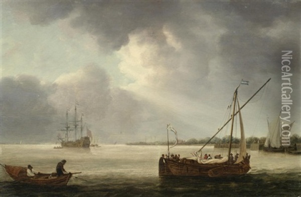 A British Man-of-war And Other Vessels Oil Painting - Thomas Mitchell