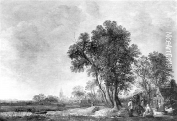 Baumbestandene Landschaft Mit Bauern Vor Einer Taverne Oil Painting - Salomon van Ruysdael