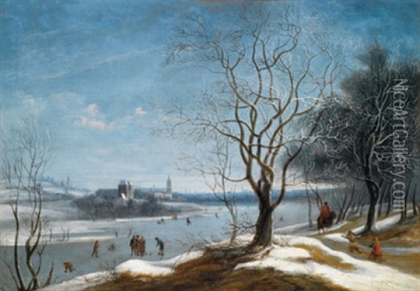 Eine Winterlandschaft Mit Kolvenspielern, Eine Stadt Im Hintergrund Oil Painting - Theodore van Heil