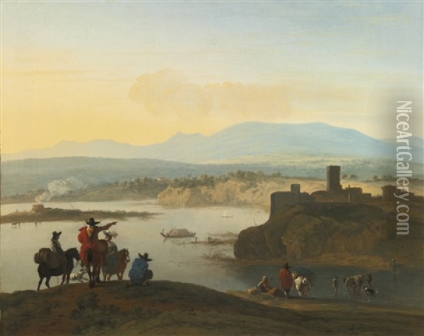 Extensive Italianate Landscape With An Elegant Company And A Lime Kiln Oil Painting - Karel Dujardin
