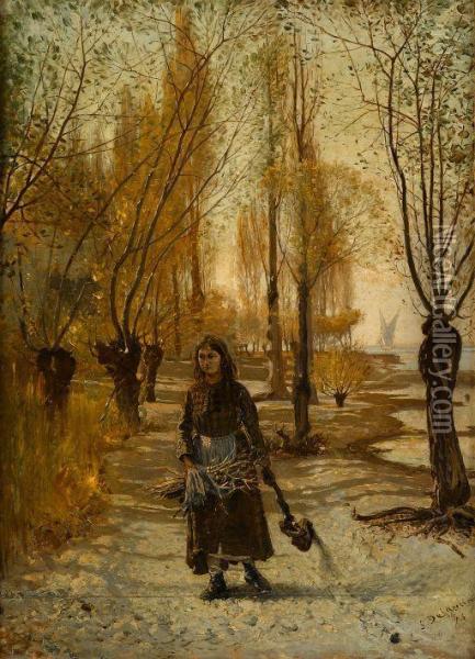 Gathering Twigs, Winter Oil Painting - Charles Samuel Delapeine