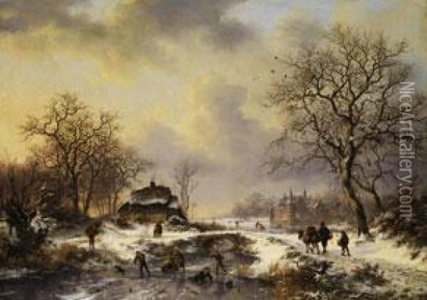 Eisvergnugen In Einer Winterlandschaft Oil Painting - Frederik Marianus Kruseman