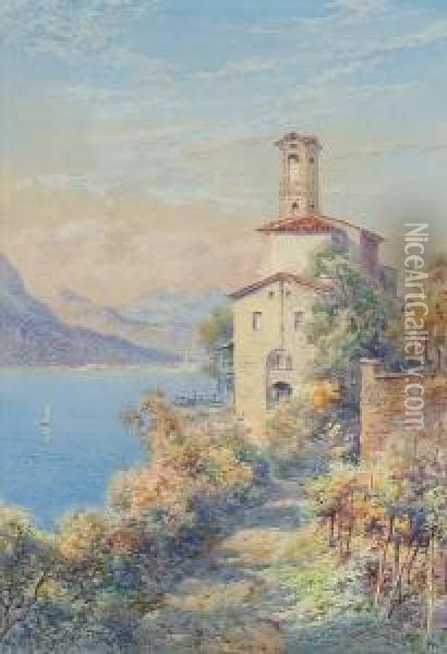 Italian Lakeside Scene With Buildings Oil Painting - Claude Hamilton Rowbotham