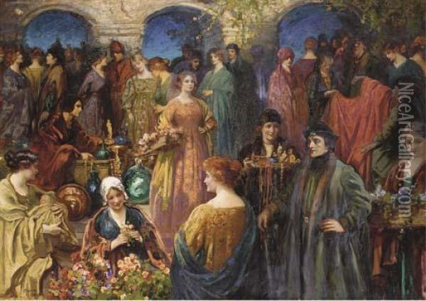 The Flower Market Oil Painting - Thomas E. Mostyn