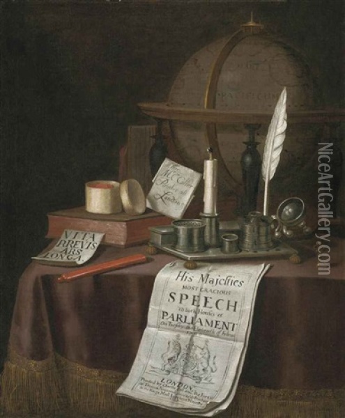 A Globe, An Inkwell With A Candle, Books And Other Objects On A Draped Table Oil Painting - Edward Collier