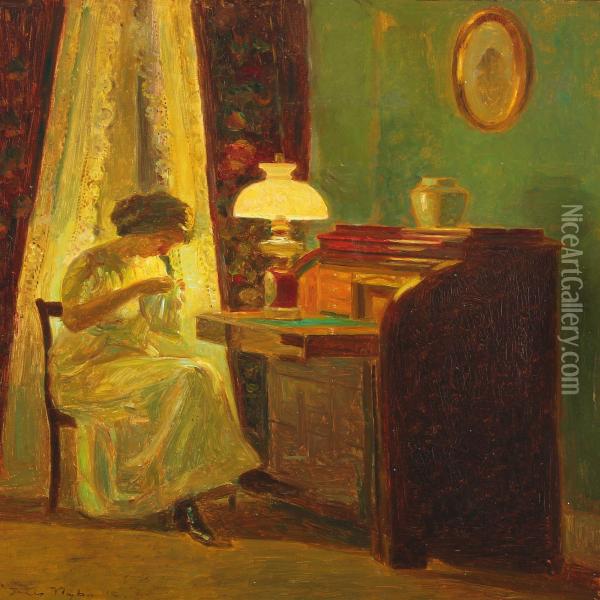 Interior With Woman Sewing By A Bureau Oil Painting - Poul Friis Nybo