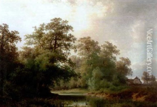 Baumreiche Landschaft Mit Weiher Und Enten Oil Painting - Carl Hasch