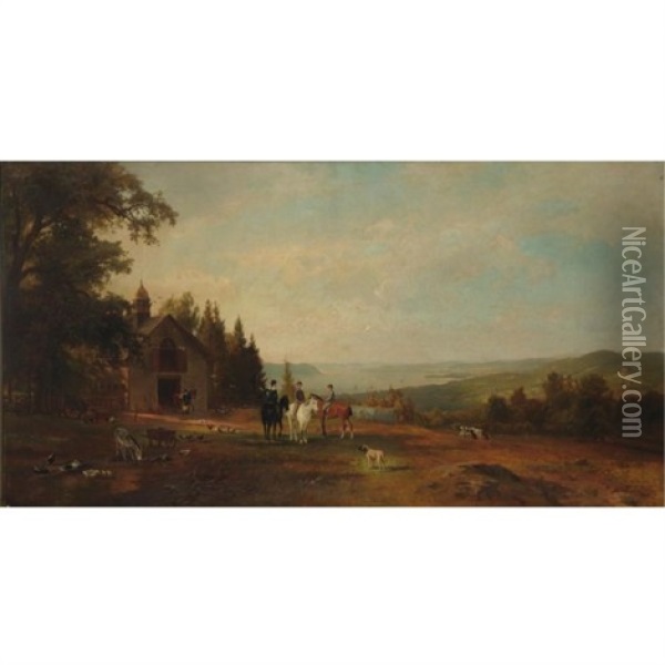 Hudson River Landscape With Equestrian Group Oil Painting - Hermann Fuechsel