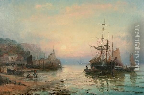 Coastal Scene With Moored Fishing Boats And Fisherfolk On The Shore Oil Painting - William Georges Thornley