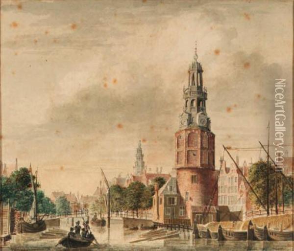 A View Of The Oude Schans With 
The Montelbaanstoren, Amsterdam, Thetower Of The Zuiderkerk Beyond Oil Painting - Jan De Beyer