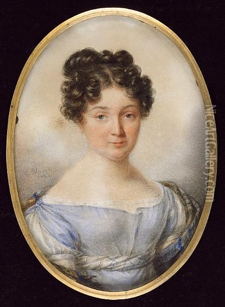 A Miniature Portrait Of A Lady Wearing A Blue Dress With Checked Blue And White Waistband, A Plaid Shawl Around Her Shoulders Oil Painting - Candide Blaize