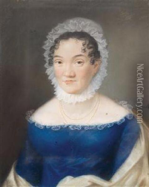 A Portrait Of A Lady In A Cobalt Blue Dress Oil Painting - Johann Lorenz Kreul