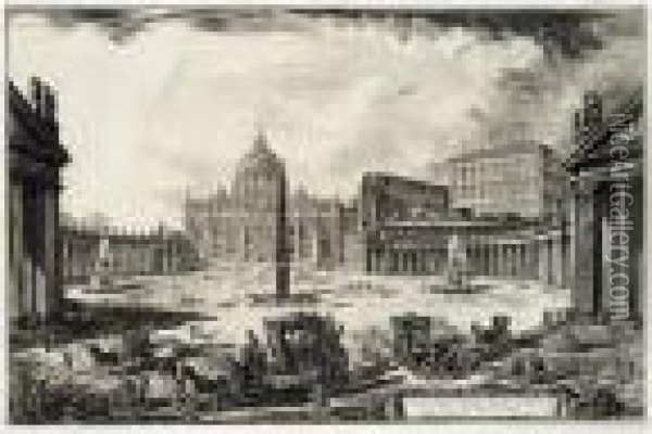 St Peter's With Forecourt And Colonnades (hind 101) Oil Painting - Giovanni Battista Piranesi
