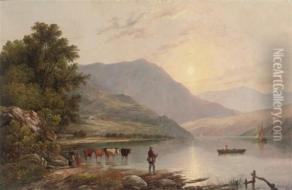 Sunset Over The Loch Oil Painting - Robert Bridgehouse