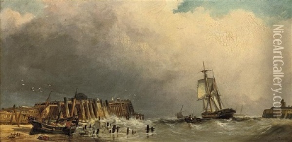 Shipping In The Harbor Entrance At Yarmouth Oil Painting - Charles Thornley