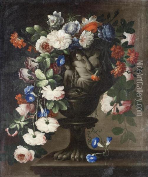 Tulips, Peonies, Jasmine And 
Other Flowers In A Classical Carved Stone Urn, Before An Open Landscape;
 And Roses, Carnations, Convulvulus And Other Flowers In A Classical 
Carved Stone Urn Oil Painting - Francesco Della Questa