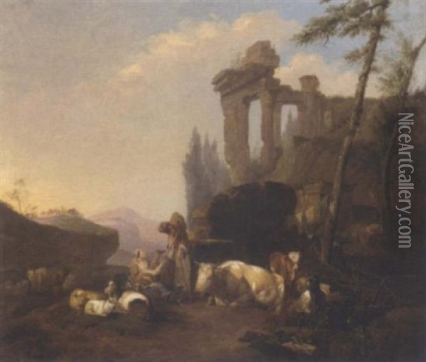 A Classical Landscape With A Herdsman And His Family Resting By A Fountain With Their Cattle And Goats Oil Painting - Hendrick Mommers