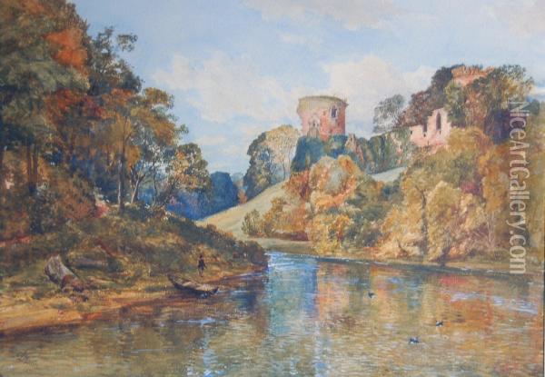 An Angler By A Ruined Castle Oil Painting - Charles Duncan Hay-Campbell
