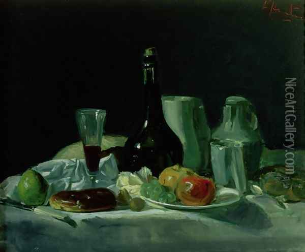 Still Life Bottle and Fruit Oil Painting - George Leslie Hunter