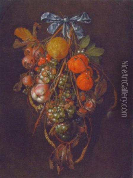 A Swag Of Grapes, Horse-chestnuts, A Lemon, Blackberries, Oranges, Quinces And Ears Of Wheat Hanging From A Bow, With Snails Oil Painting - Cornelis De Heem