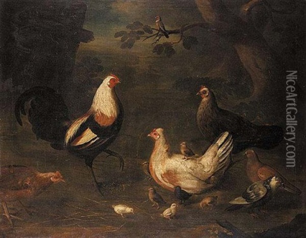 Duckwing Game Cock, Chickens, Pigeons And A Bullfinch In A Landscape Oil Painting - Louis (Lewis) Hubner