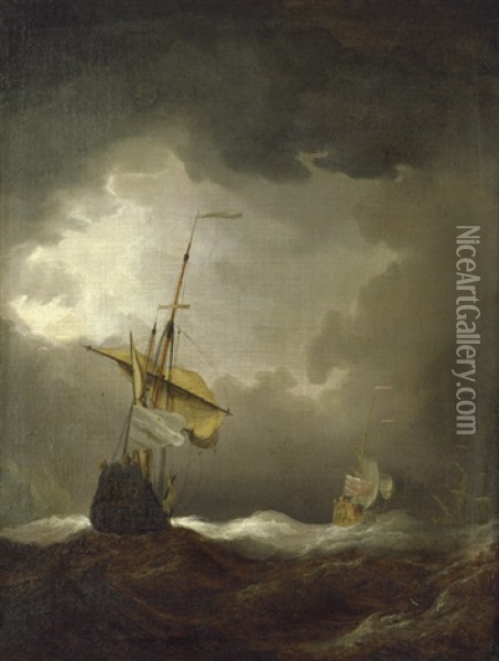 Franzosisches Und Englisches Segelschiff In Schwerer See Oil Painting - Joris van der Hagen