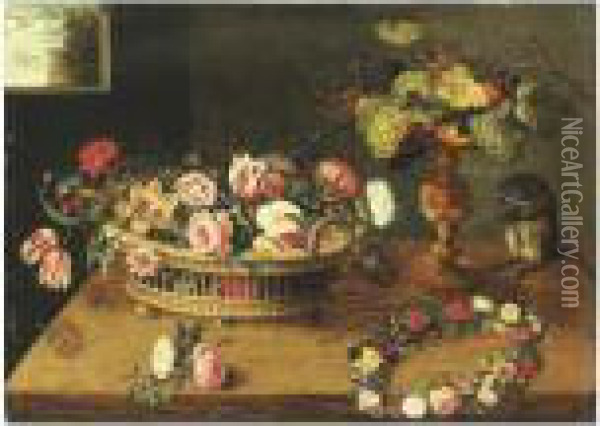 Corbeille Et Couronne De Fleurs Sur Un Entablement Oil Painting - Jan Brueghel the Younger