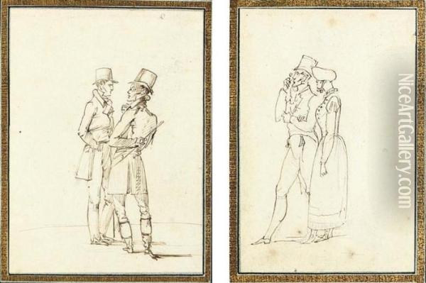 Two Gentleman; And An Elegant Couple (recto); A Man In Costume (verso) Oil Painting - Carle Vernet