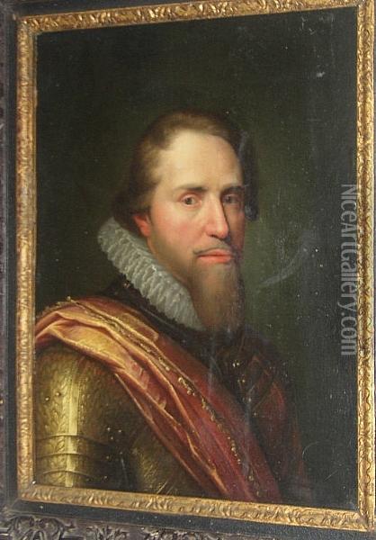 Prince Maurice Of Nassau, Bust Length, In Armour Wearing A White Ruff And Crimson Sash Oil Painting - Daniel Mytens