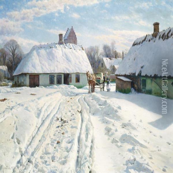 Winter Day In Thevillage, In The Background The Church Oil Painting - Peder Mork Monsted